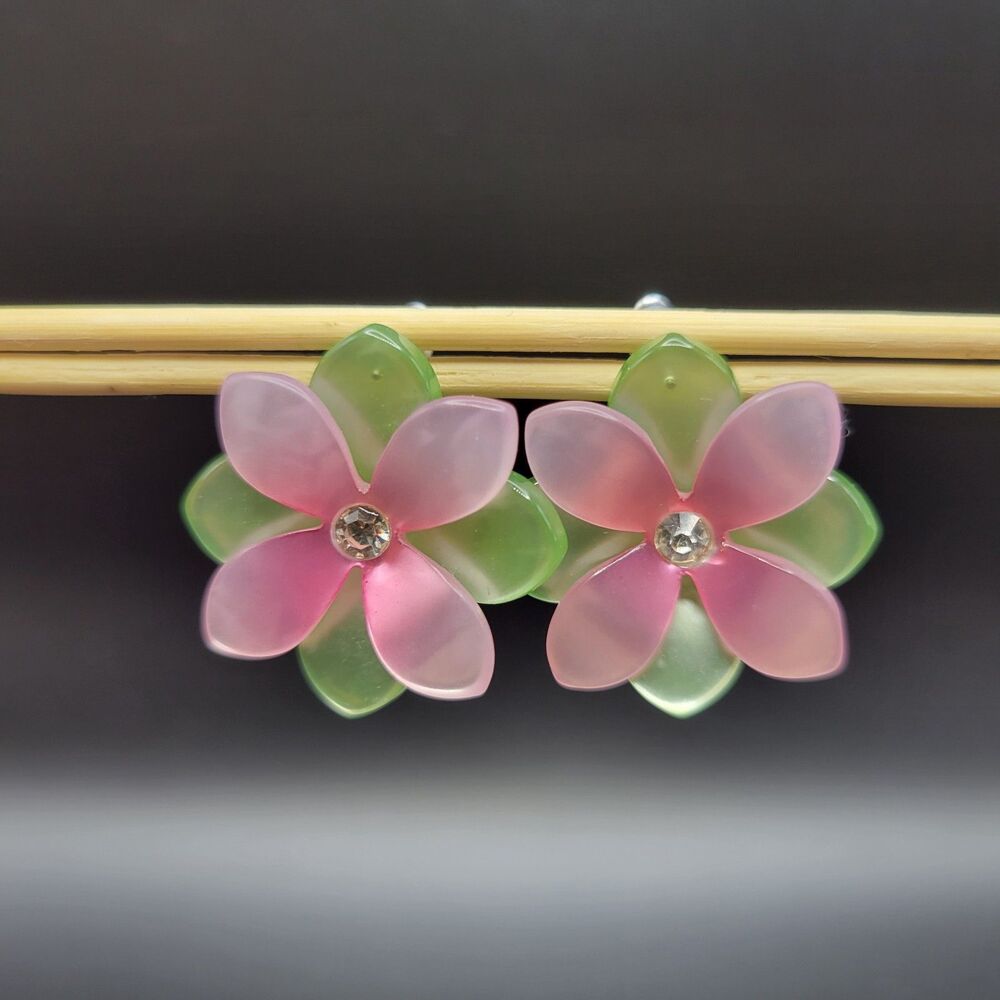 Unbranded M Floral Studs Women Pink Green Resin Frosted Rhinestone Tropical Gift